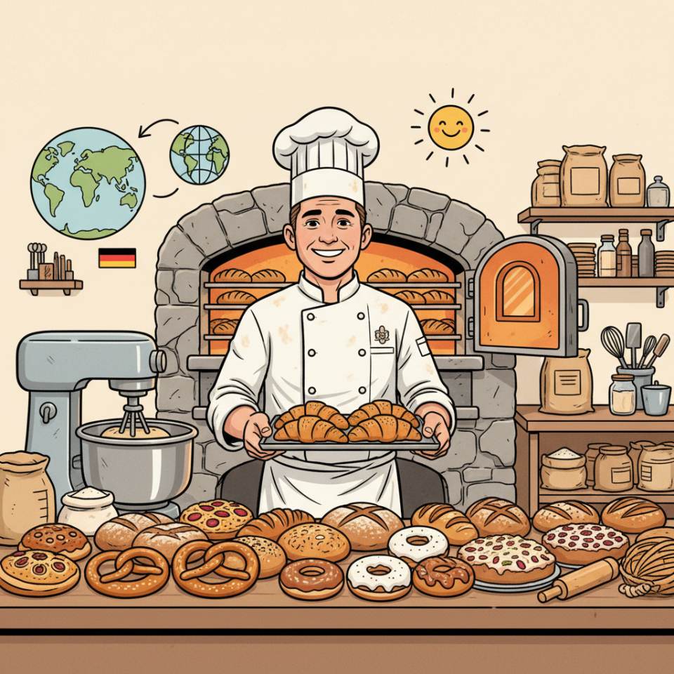 Comic illustration of a baker in a flour apron at a bakery oven with fresh loaves and dough pieces in the bakehouse