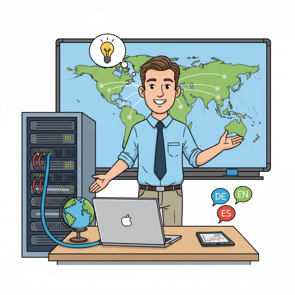 Comic illustration of a course instructor at a flipchart with a learning group in a bright seminar room