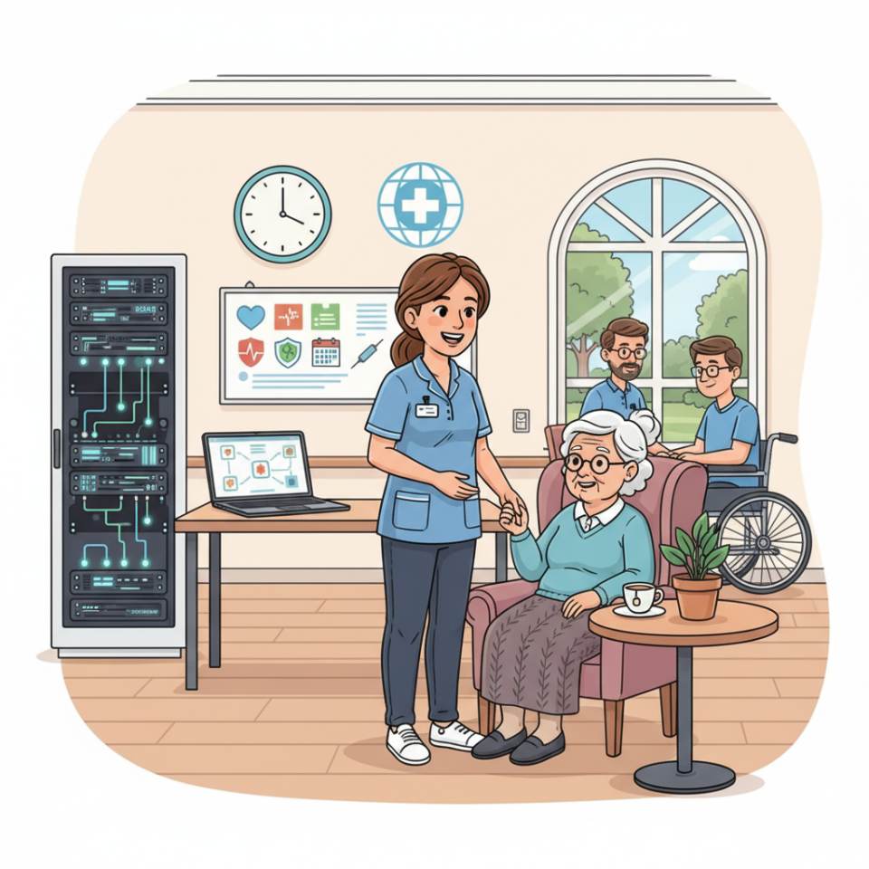 Comic illustration of a care worker with a tablet and care trolley at a patient’s bedside on a bright ward