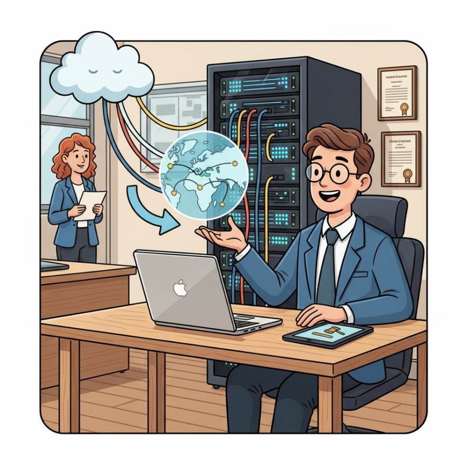 Comic illustration of a Referendar with a briefcase, lesson plan and seminar materials in a classroom or at court