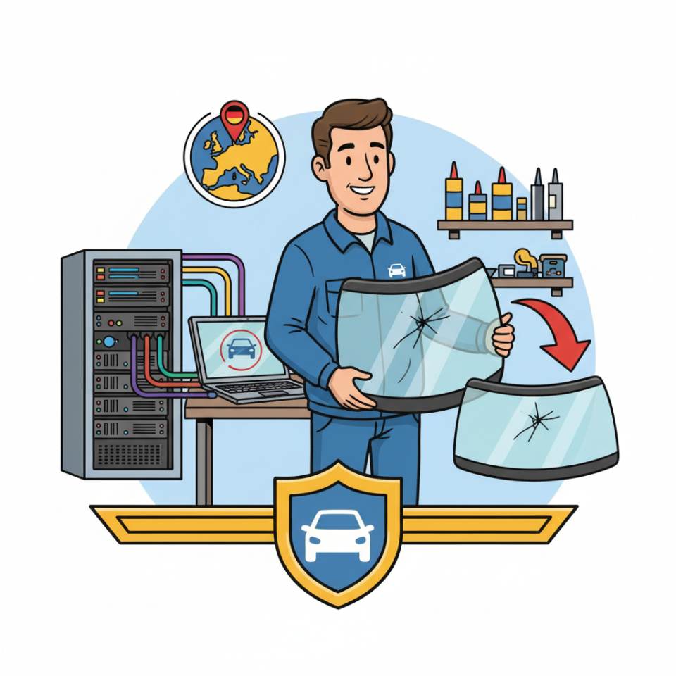 Ilustración cómica de un cristalero de automóviles colocando un parabrisas en un turismo en el taller especializado