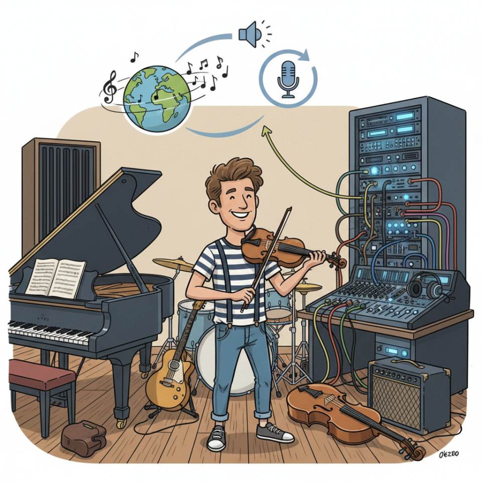 Ilustración tipo cómic de un músico con instrumento en el escenario durante una actuación