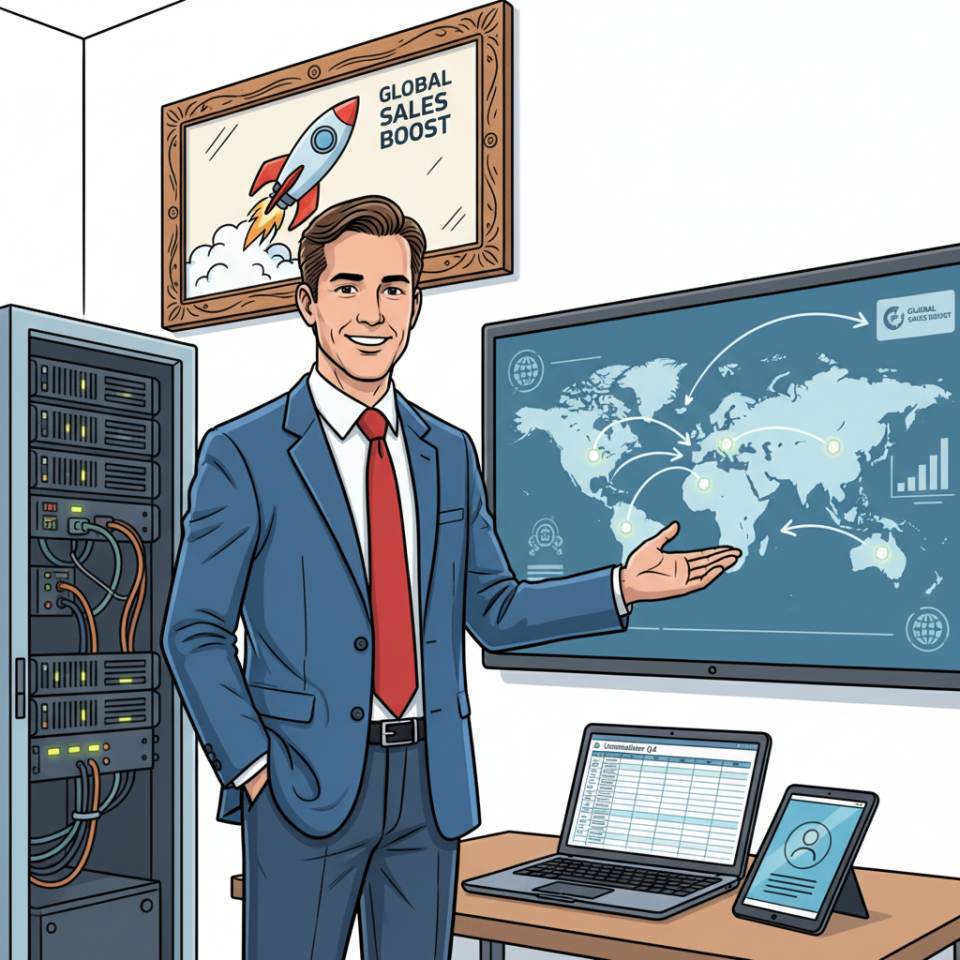 Ilustración cómic de un director de ventas con portátil, gráfico de ingresos y equipo comercial alineando clientes y objetivos en una oficina